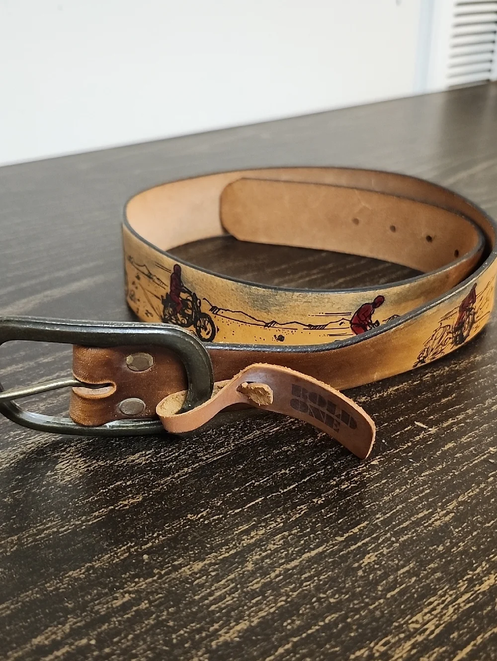 Vintage Andhurst Bown Leather CowHide Motocycles Buckle Western Belt Size 32
